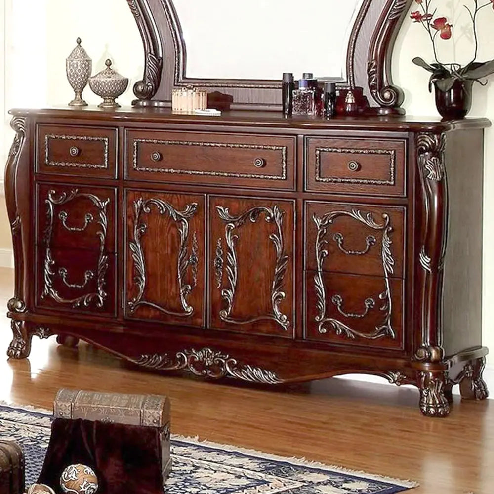 Victorian Dark Mahogany Wide Dresser with Ornate Carvings and 7 Drawers 2 Wood Door Acme Furniture