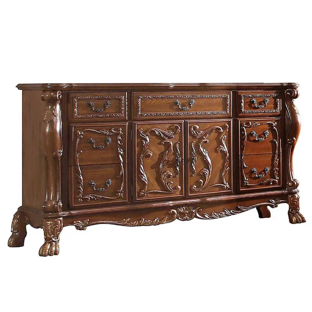 Victorian Dark Mahogany Wide Dresser with Ornate Carvings and 7 Drawers 2 Wood Door Acme Furniture