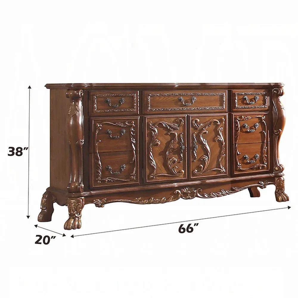 Victorian Dark Mahogany Wide Dresser with Ornate Carvings and 7 Drawers 2 Wood Door Acme Furniture