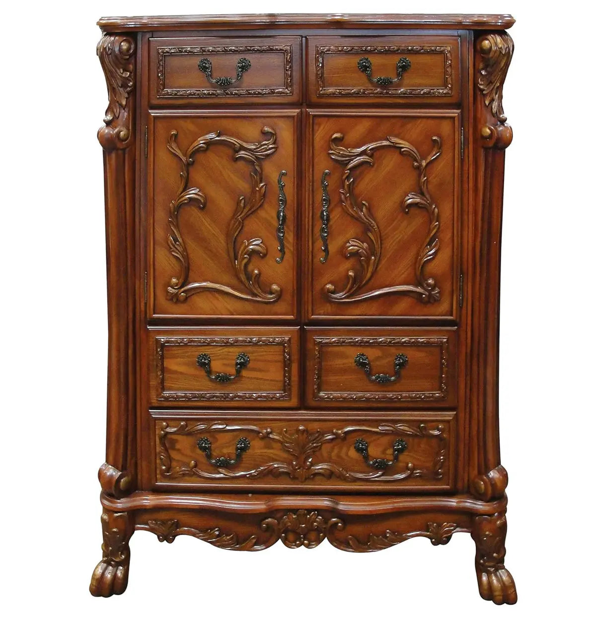 Victorian Dark Mahogany Clothes Chest  Drawer Dresser with Ornate Carvings and Cabinet Acme Furniture