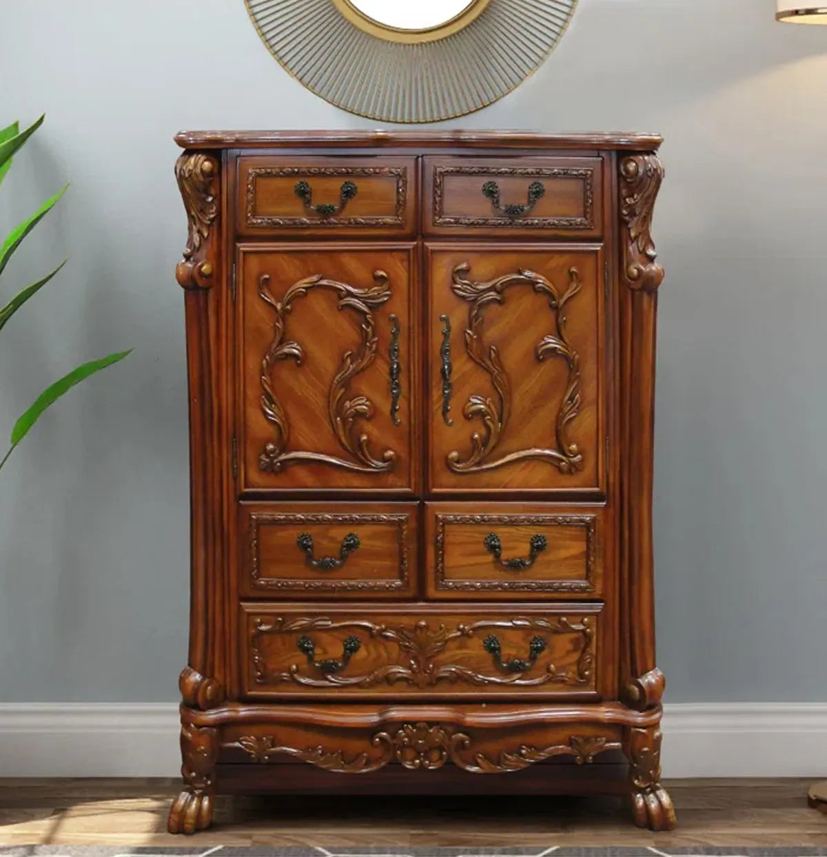Victorian Dark Mahogany Clothes Chest  Drawer Dresser with Ornate Carvings and Cabinet Acme Furniture
