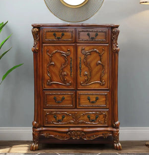 Victorian Dark Mahogany Clothes Chest  Drawer Dresser with Ornate Carvings and Cabinet Acme Furniture