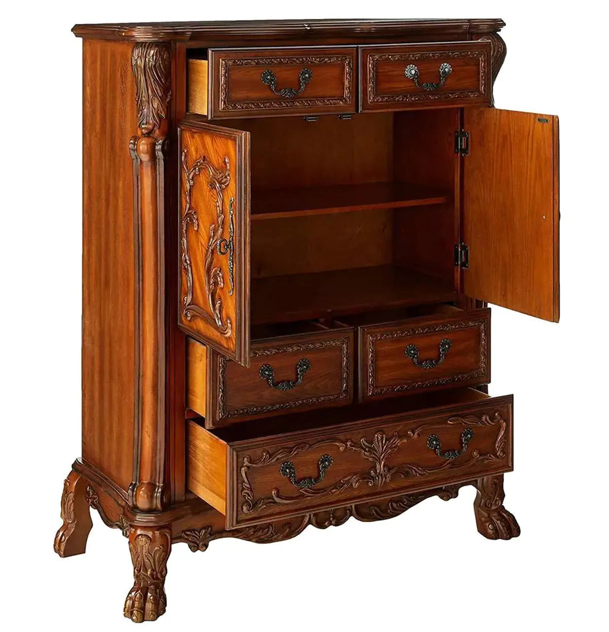 Victorian Dark Mahogany Clothes Chest  Drawer Dresser with Ornate Carvings and Cabinet Acme Furniture
