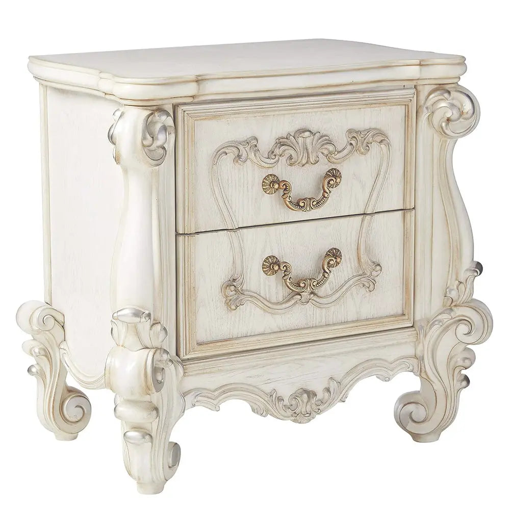 Baroque Bone White 2-Drawer Nightstand - Poplar & Aspen Wood with Scrolled Legs Acme Furniture