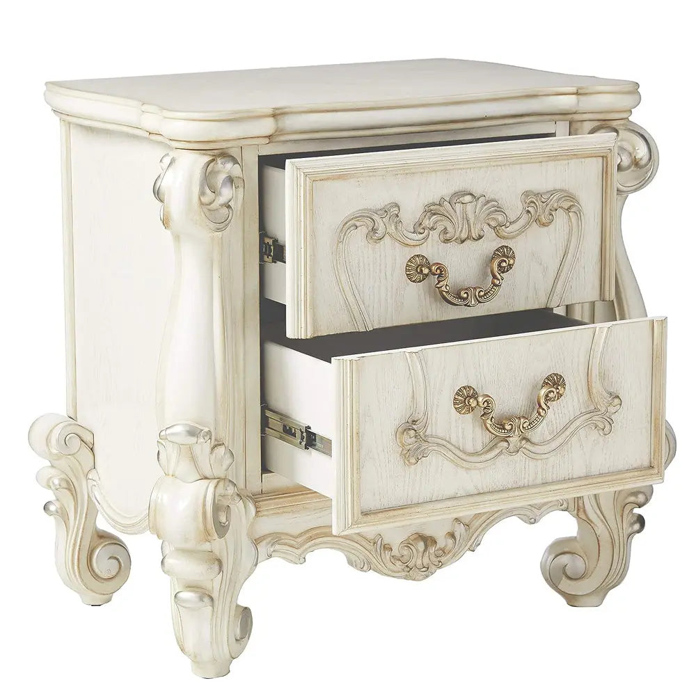 Baroque Bone White 2-Drawer Nightstand - Poplar & Aspen Wood with Scrolled Legs Acme Furniture
