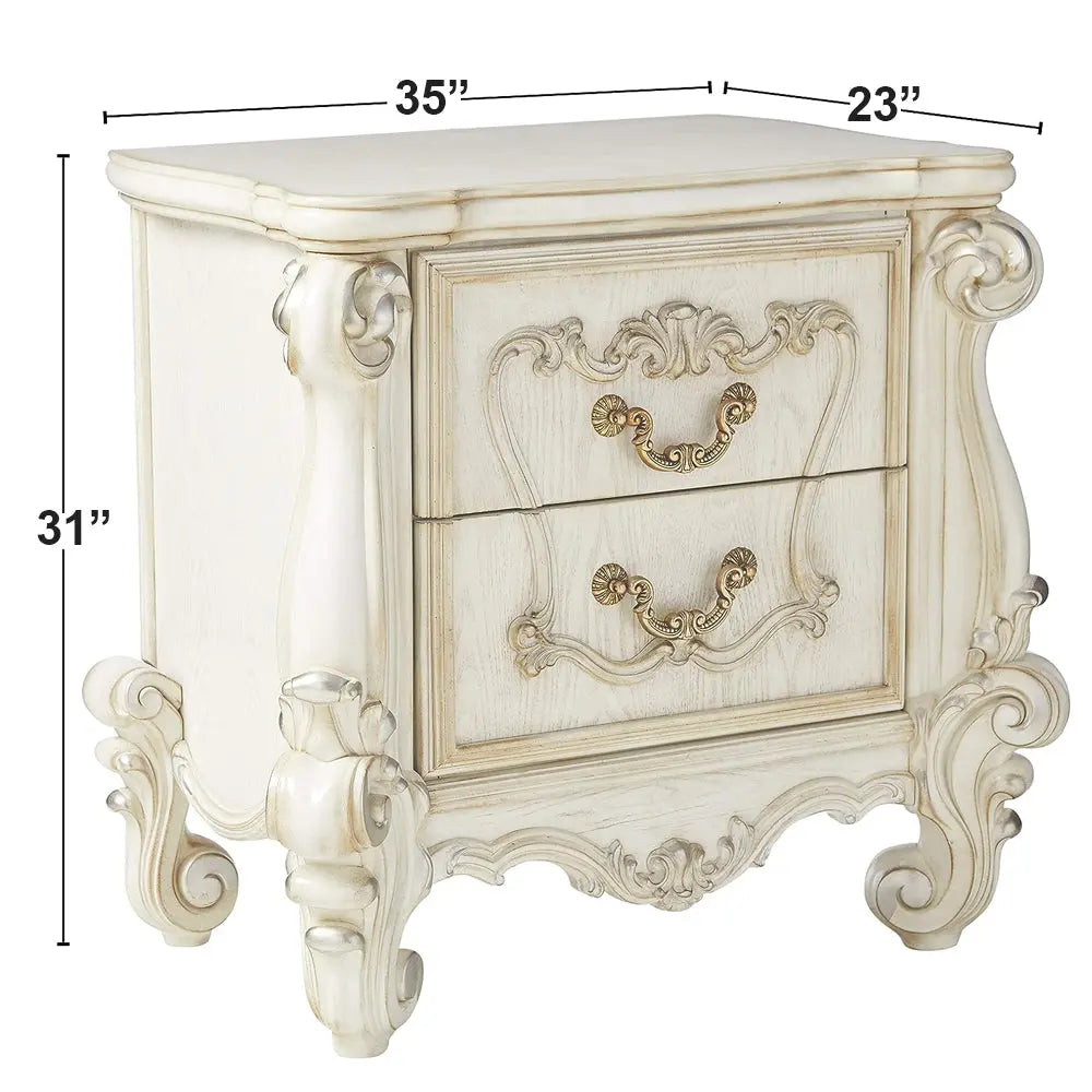 Baroque Bone White 2-Drawer Nightstand - Poplar & Aspen Wood with Scrolled Legs Acme Furniture