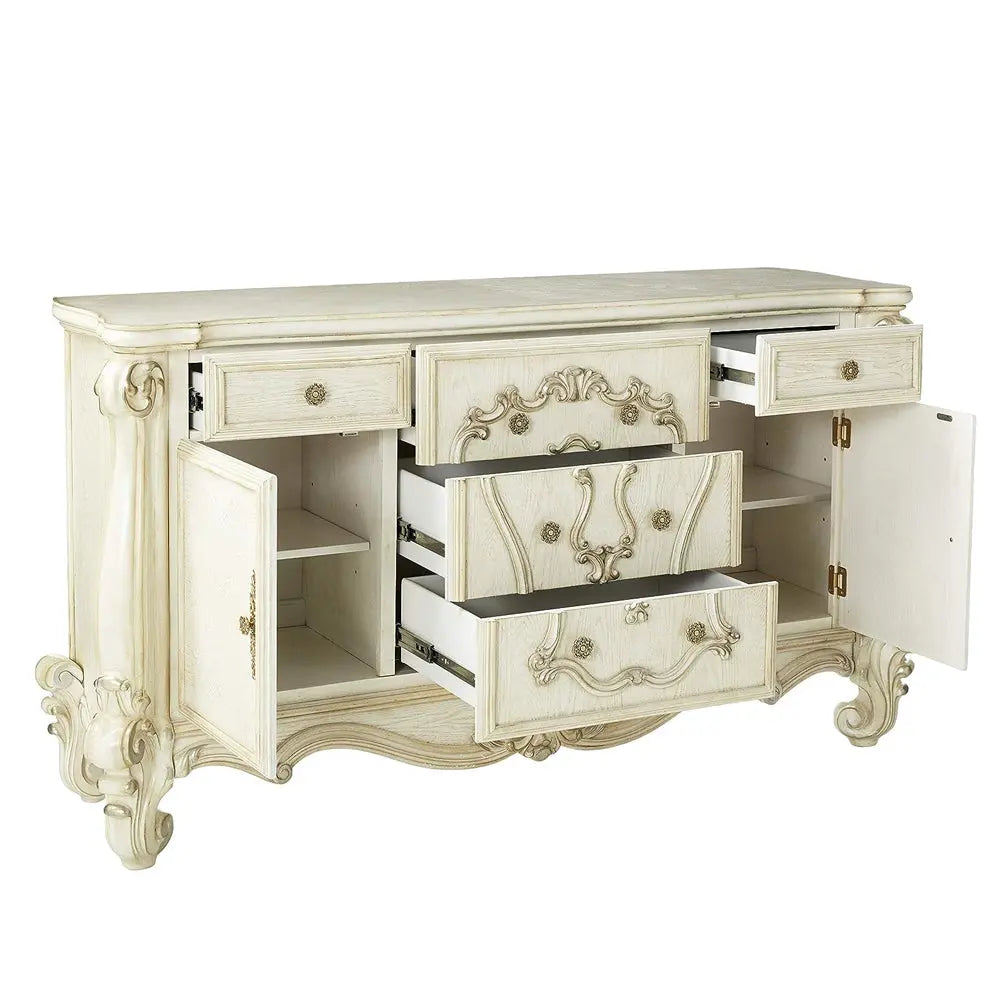 Baroque Bone White 5-Drawer 2-Door Dresser - Poplar & Aspen Wood with Scrolled Legs Acme Furniture