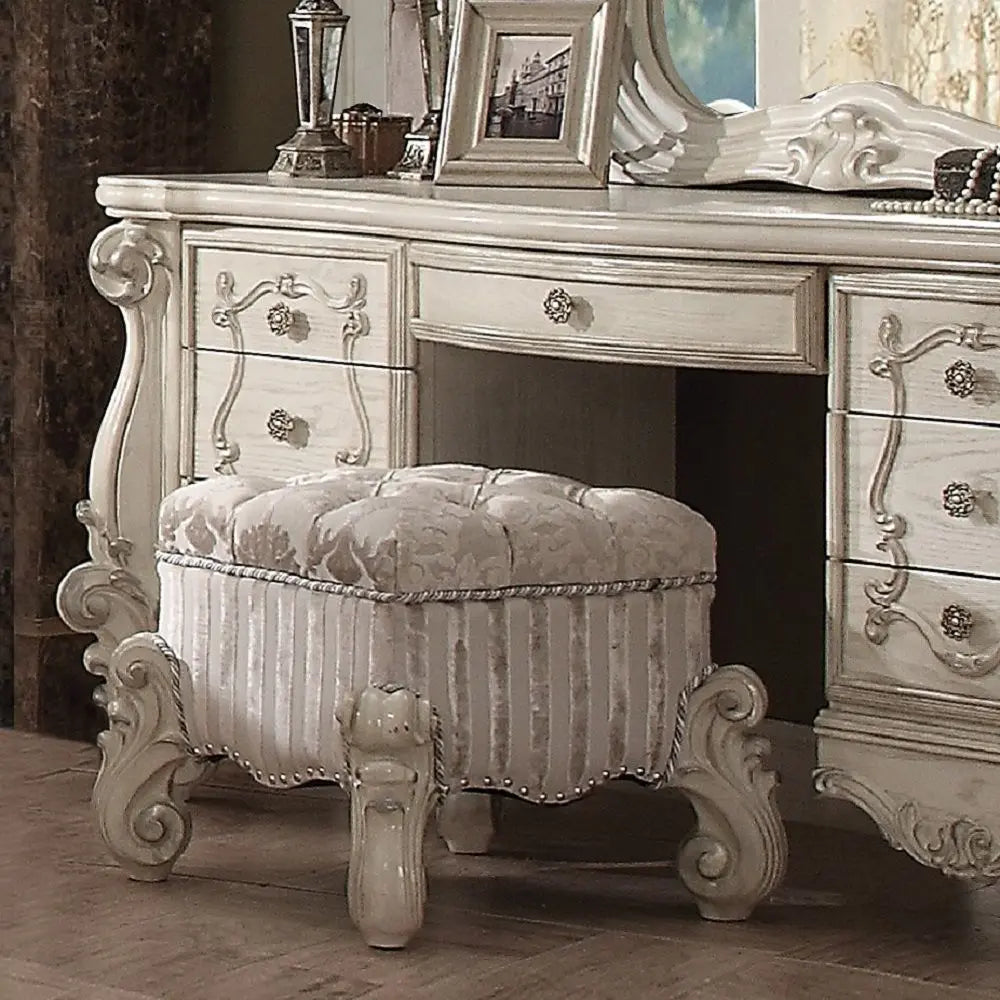 Baroque Bone White Vanity Stool - Poplar & Aspen Wood with Scrolled Legs and Tufted Seat Acme Furniture