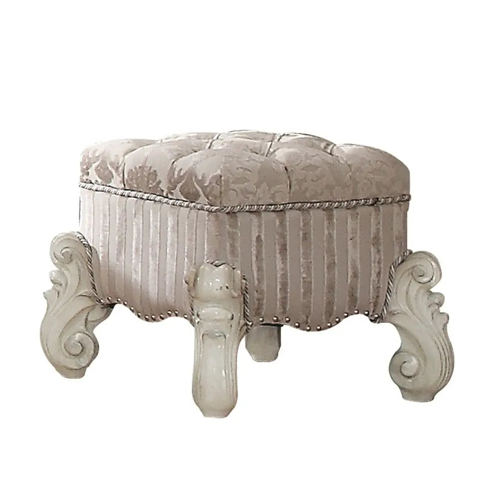 Baroque Bone White Vanity Stool - Poplar & Aspen Wood with Scrolled Legs and Tufted Seat Acme Furniture