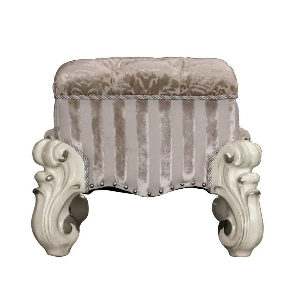 Baroque Bone White Vanity Stool - Poplar & Aspen Wood with Scrolled Legs and Tufted Seat Acme Furniture