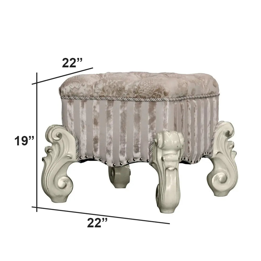 Baroque Bone White Vanity Stool - Poplar & Aspen Wood with Scrolled Legs and Tufted Seat Acme Furniture