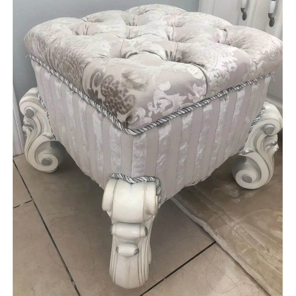 Baroque Bone White Vanity Stool - Poplar & Aspen Wood with Scrolled Legs and Tufted Seat Acme Furniture