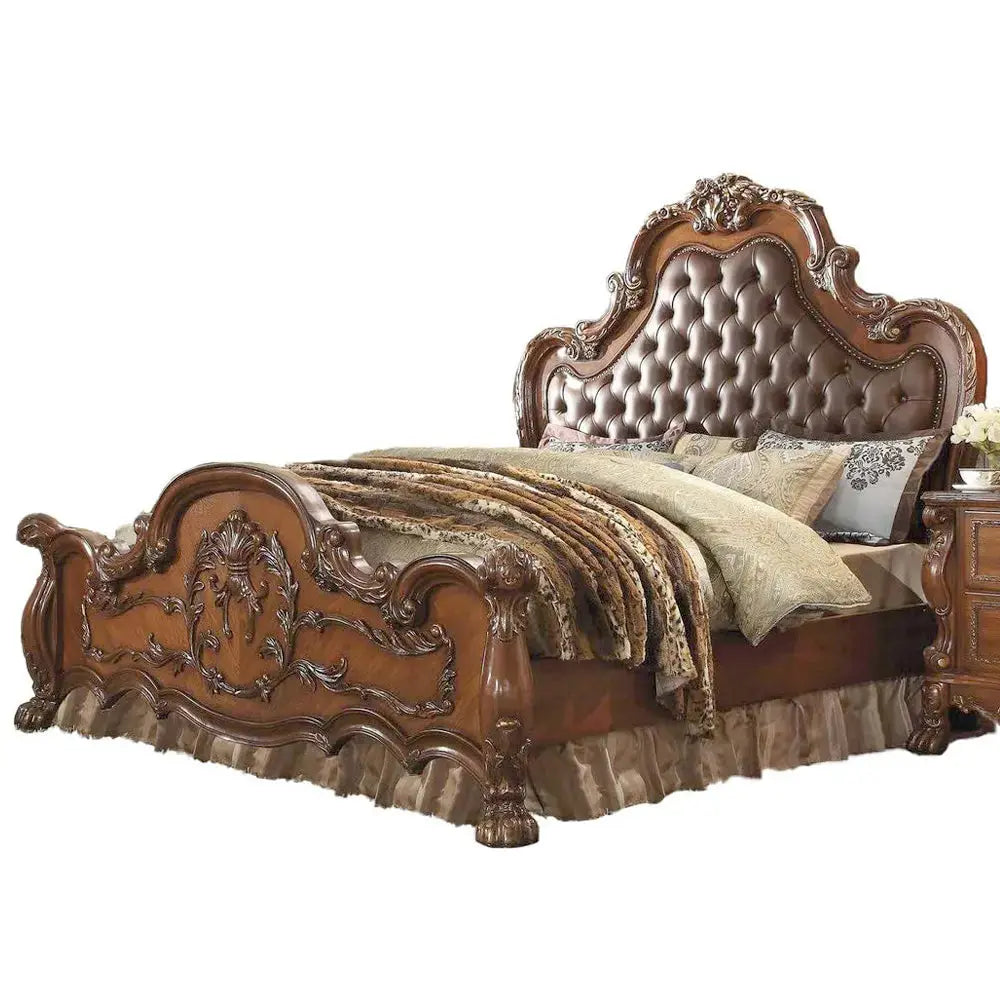 Victorian Dark Mahogany Panel Bed with Tufted Leather Headboard - King Size Acme Furniture