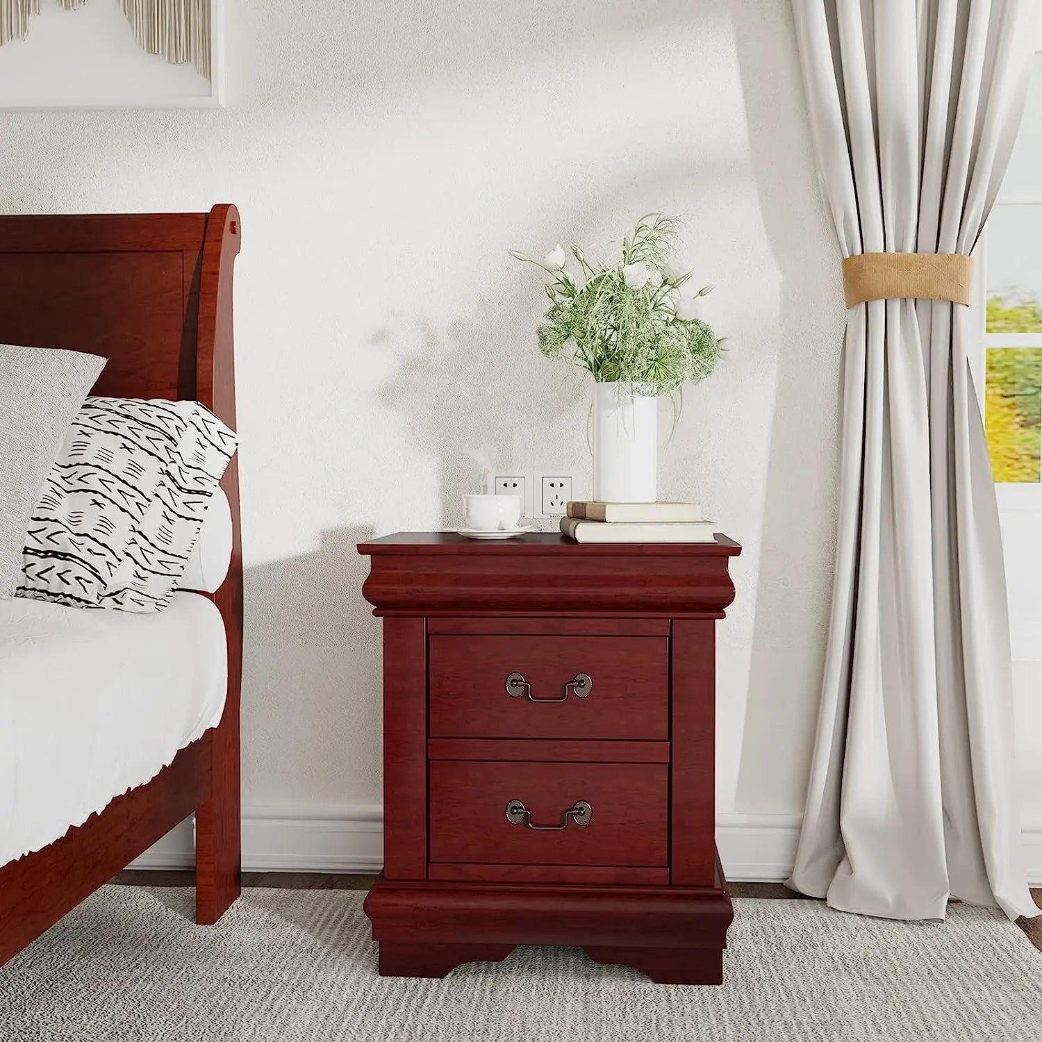 Traditional Wooden Nightstand 2-Drawer Cherry Finish Bedside Table with Antique Metal Handles for Bedroom Storage Acme Furniture
