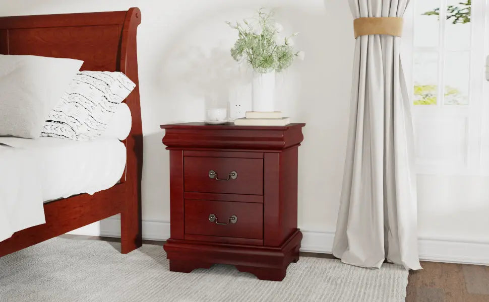 Traditional Wooden Nightstand 2-Drawer Cherry Finish Bedside Table with Antique Metal Handles for Bedroom Storage Acme Furniture