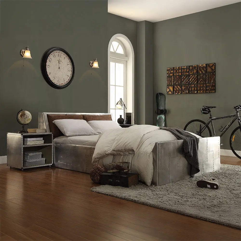 Brancaster Aluminum Nightstand with USB Dock - Vintage Industrial Bedroom Side Table with Storage Acme Furniture
