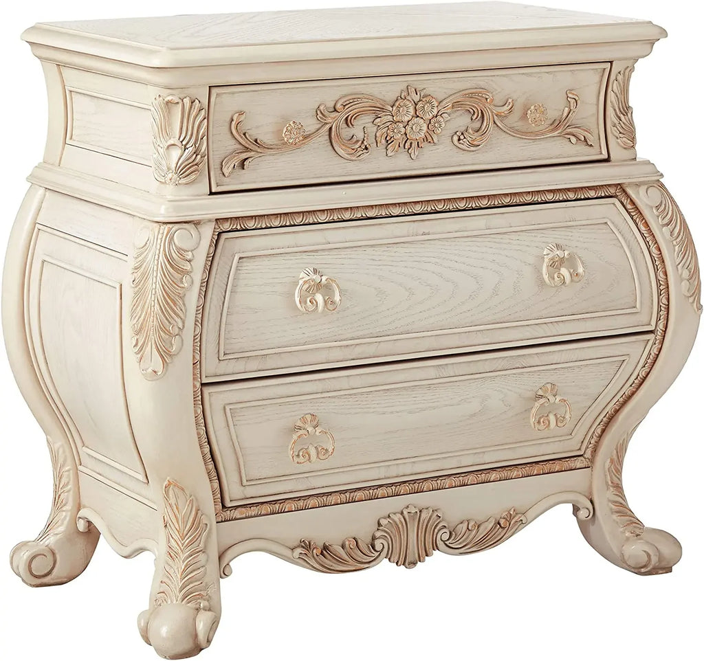 Antique White French Rococo Nightstand with Ornate Carvings and 3 Drawers Acme Furniture