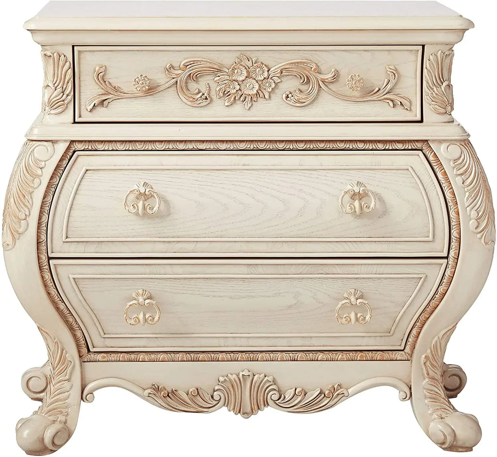 Antique White French Rococo Nightstand with Ornate Carvings and 3 Drawers Acme Furniture