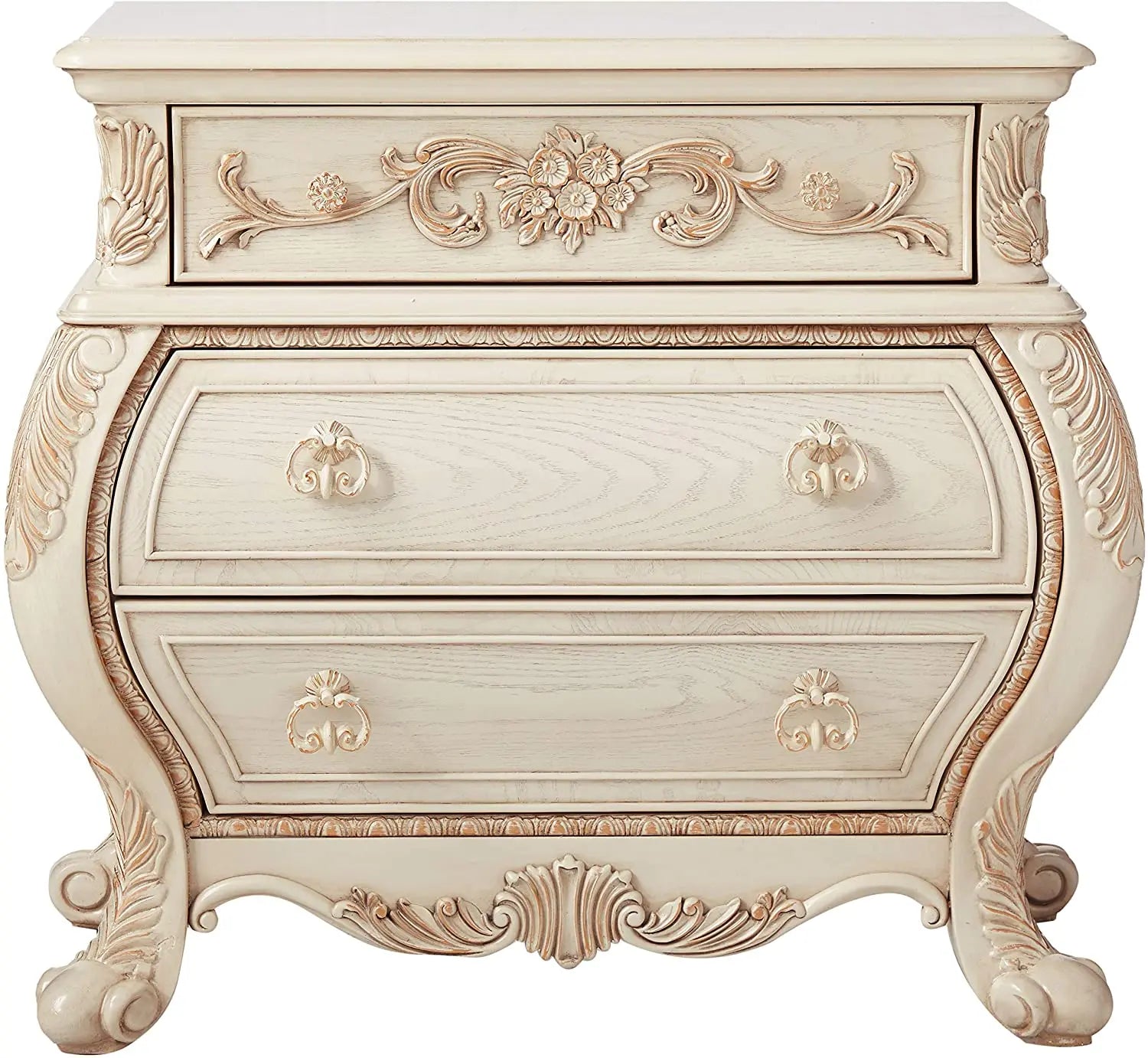 Antique White French Rococo Nightstand with Ornate Carvings and 3 Drawers Acme Furniture