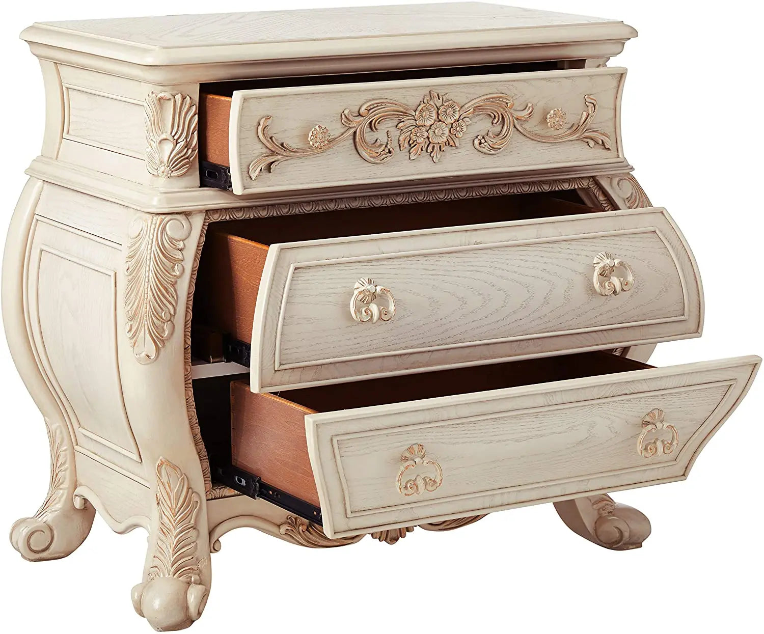 Antique White French Rococo Nightstand with Ornate Carvings and 3 Drawers Acme Furniture