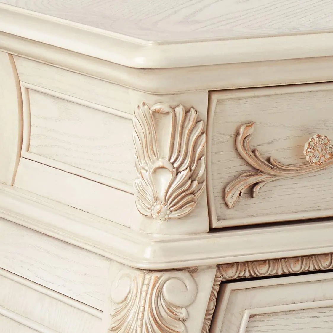 Antique White French Rococo Nightstand with Ornate Carvings and 3 Drawers Acme Furniture