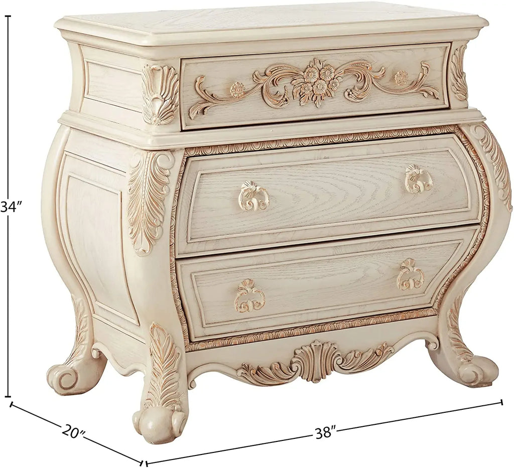 Antique White French Rococo Nightstand with Ornate Carvings and 3 Drawers Acme Furniture