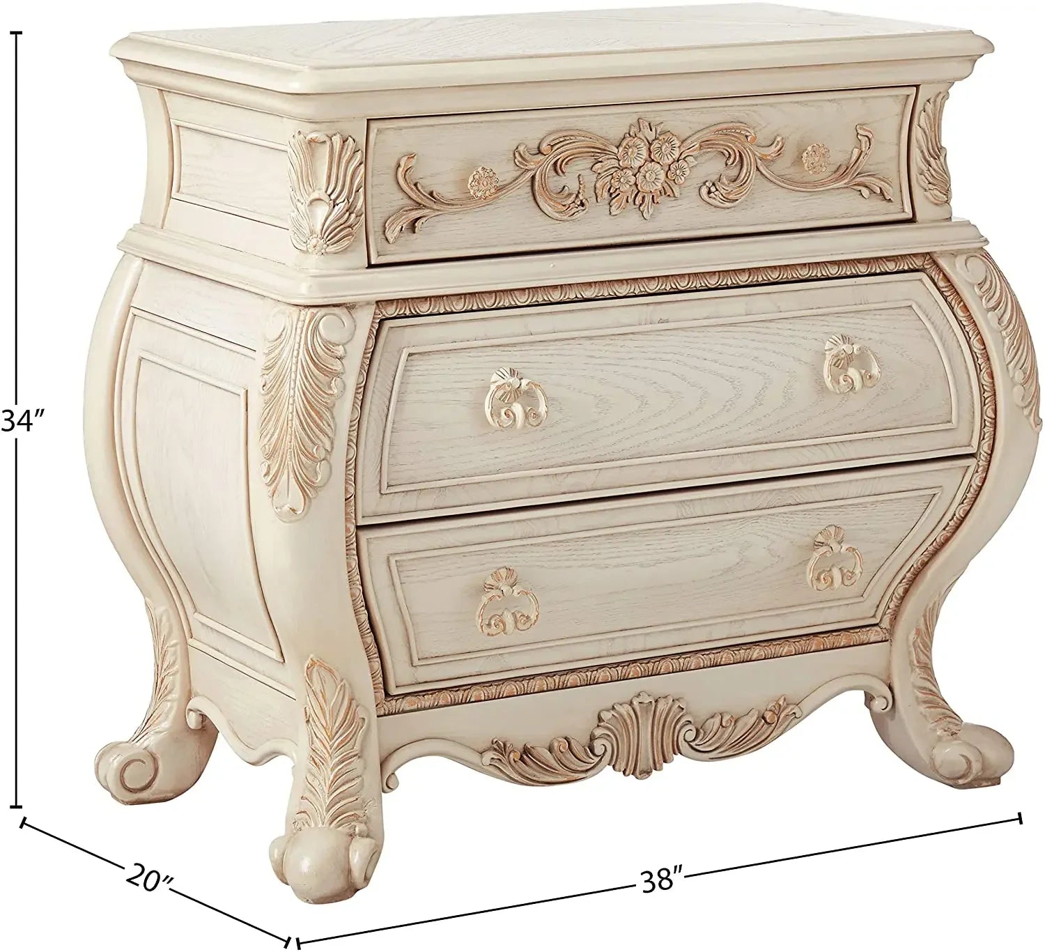 Antique White French Rococo Nightstand with Ornate Carvings and 3 Drawers Acme Furniture