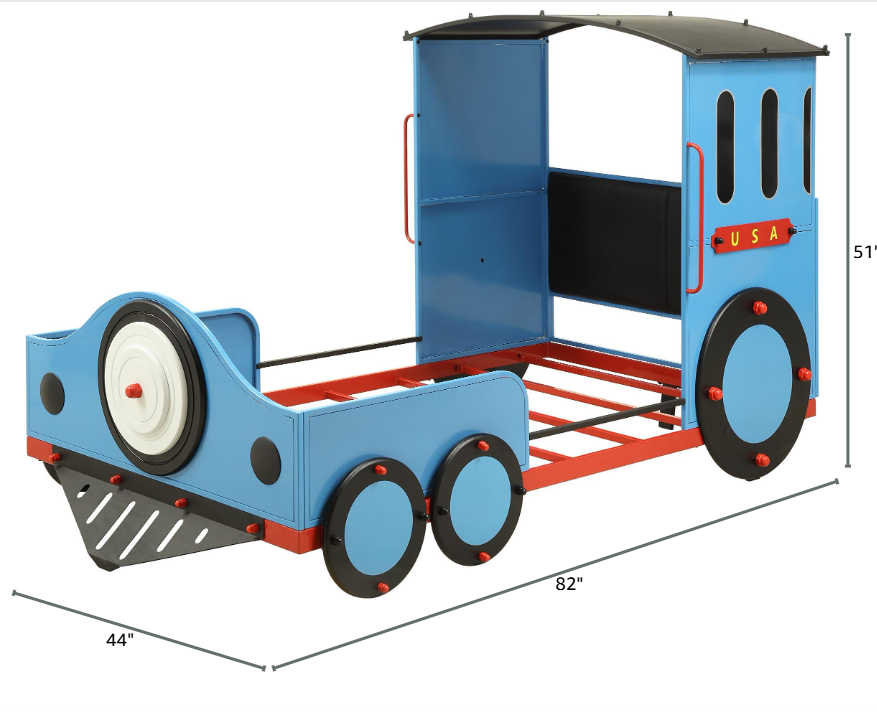 Tobi Train Twin Bed with Metal Frame in Blue and Red and Black