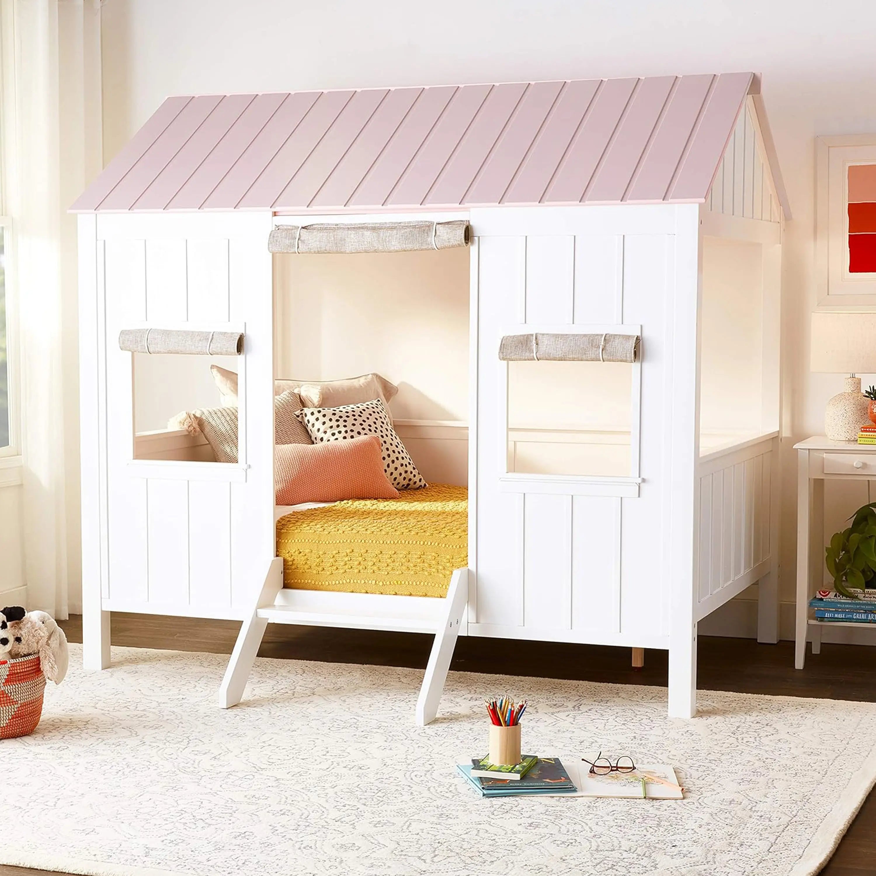 Kid's Full-Size Spring Cottage House Bed with Slat System - White & Pink, No Box Spring Required Acme Furniture
