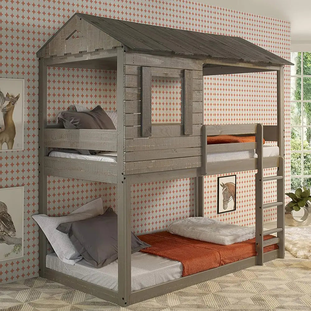 Darlene Farmhouse Wood Twin Over Twin Bunk Bed in Rustic Gray Acme Furniture