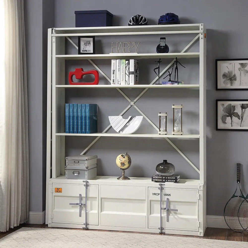 Industrial Cargo Bookshelf with Removable Ladder & TV Stand Base – White Container Style Storage Acme Furniture