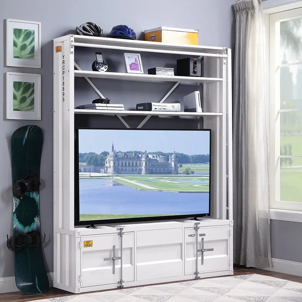 Industrial Cargo Bookshelf with Removable Ladder & TV Stand Base – White Container Style Storage Acme Furniture