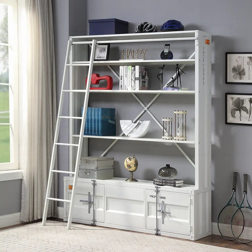 Industrial Cargo Bookshelf with Removable Ladder & TV Stand Base – White Container Style Storage Acme Furniture
