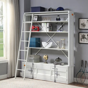 Industrial Cargo Bookshelf with Removable Ladder & TV Stand Base – White Container Style Storage Acme Furniture