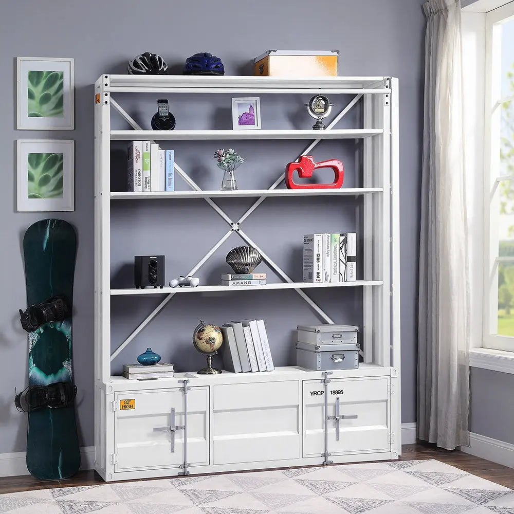 Industrial Cargo Bookshelf with Removable Ladder & TV Stand Base – White Container Style Storage Acme Furniture