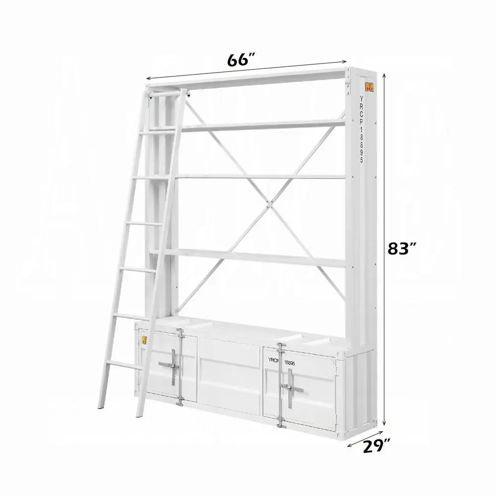 Industrial Cargo Bookshelf with Removable Ladder & TV Stand Base – White Container Style Storage Acme Furniture