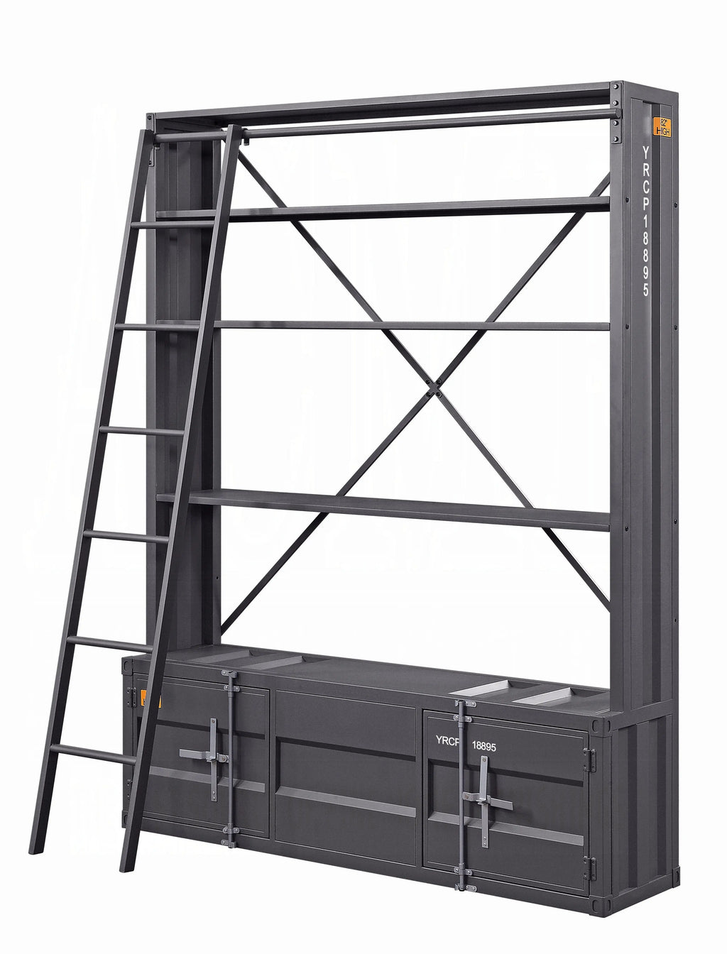 Industrial Cargo Bookshelf with Removable Ladder & TV Stand Base – Gunmetal Container Style Storage Acme Furniture