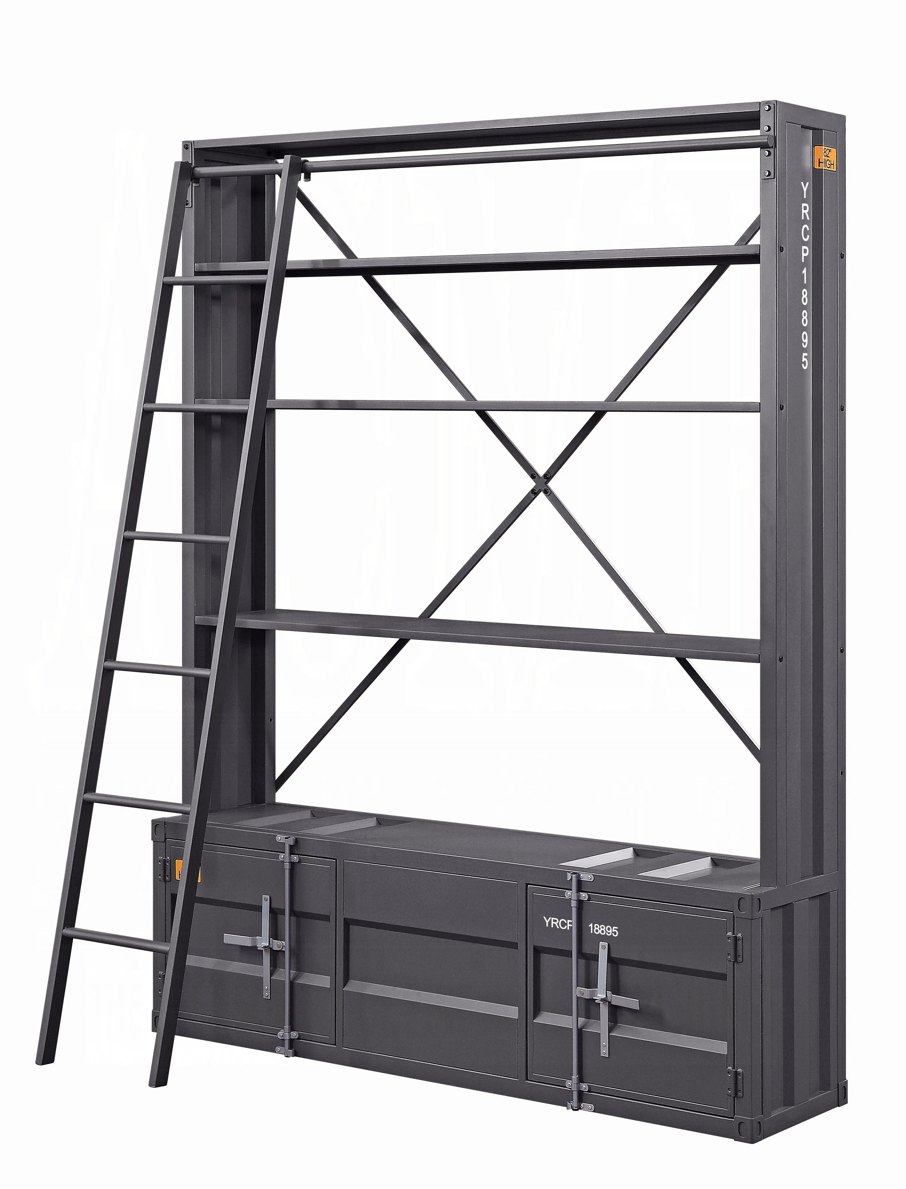 Industrial Cargo Bookshelf with Removable Ladder & TV Stand Base – Gunmetal Container Style Storage Acme Furniture