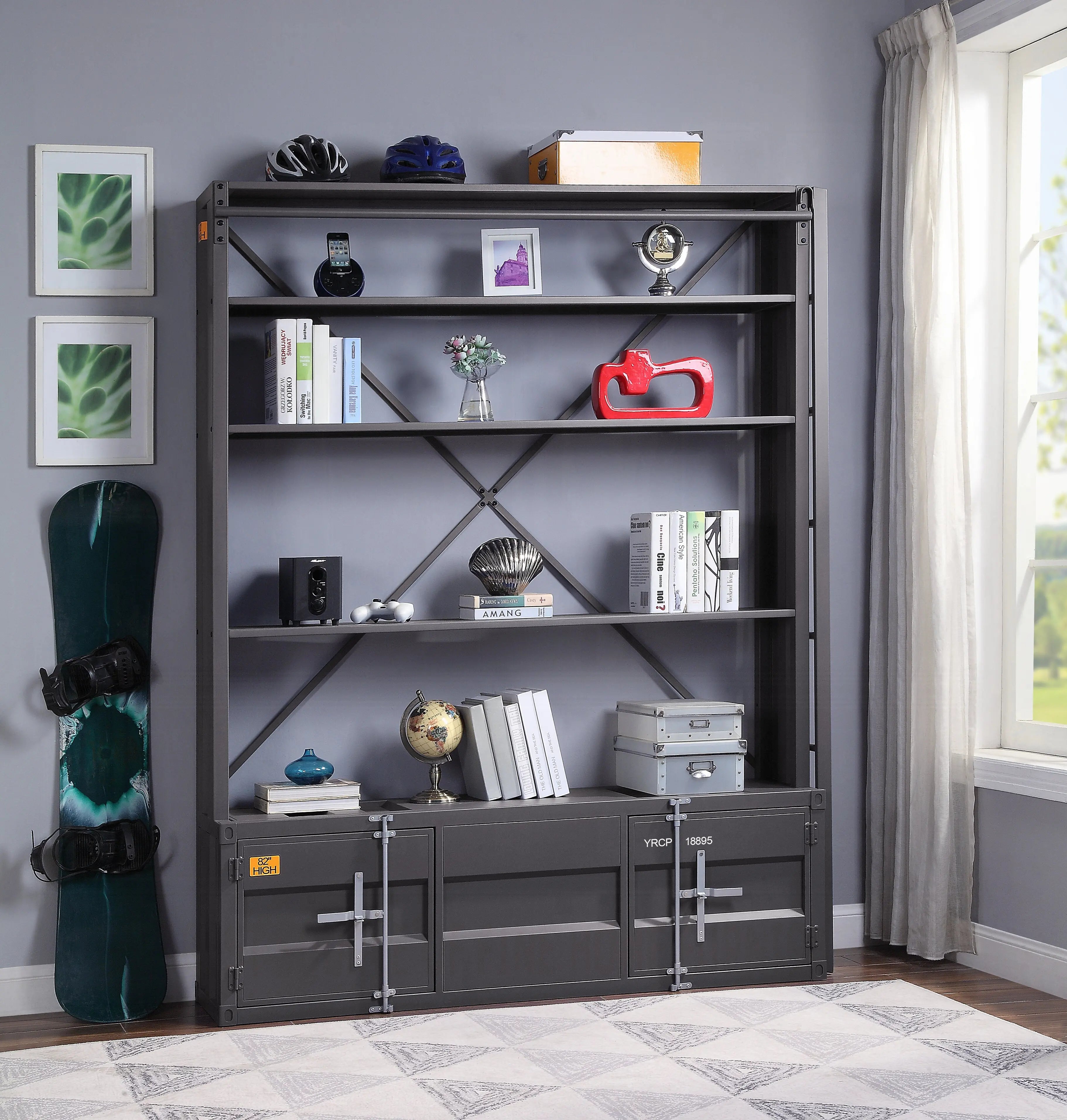 Industrial Cargo Bookshelf with Removable Ladder & TV Stand Base – Gunmetal Container Style Storage Acme Furniture