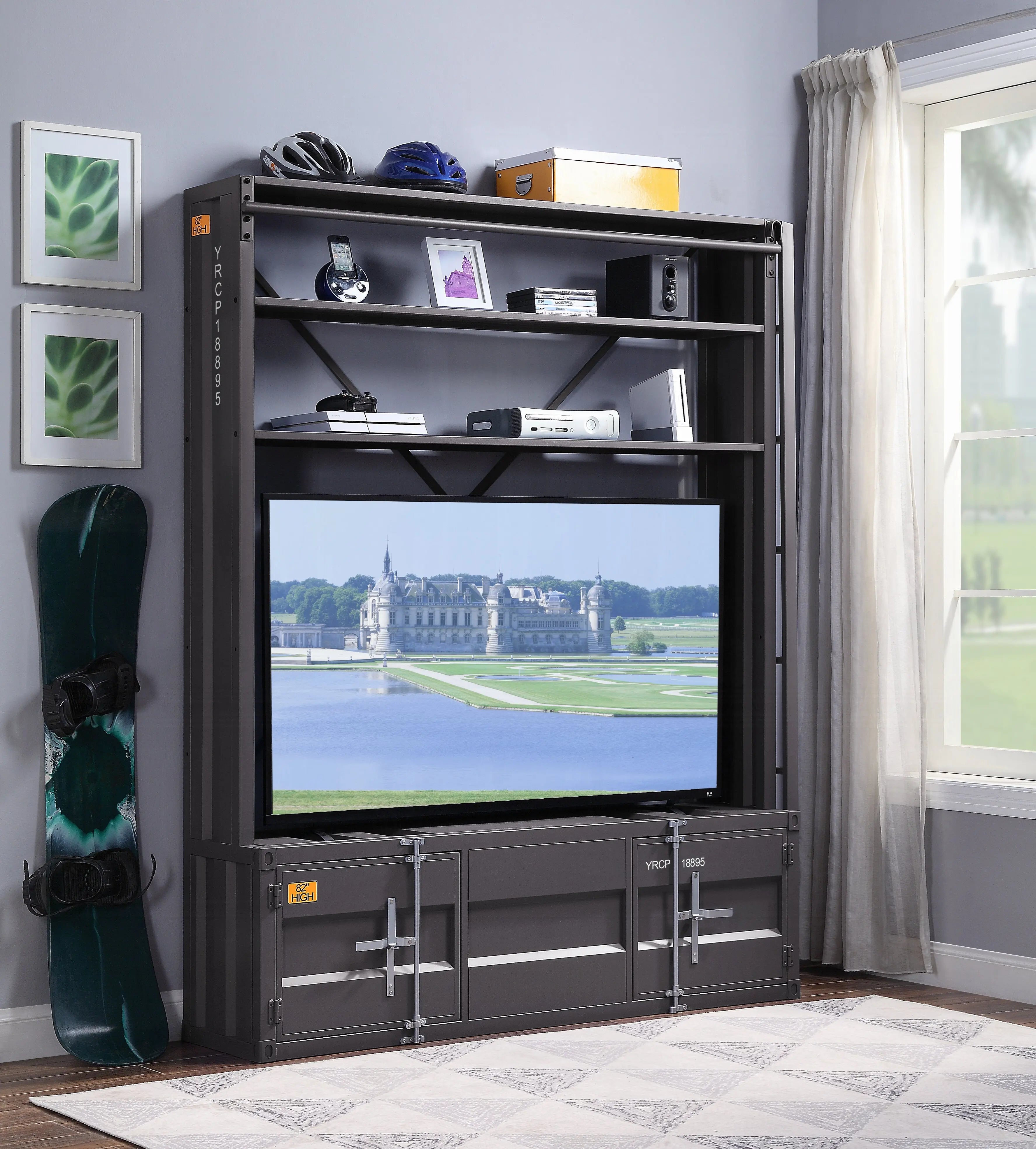 Industrial Cargo Bookshelf with Removable Ladder & TV Stand Base – Gunmetal Container Style Storage Acme Furniture