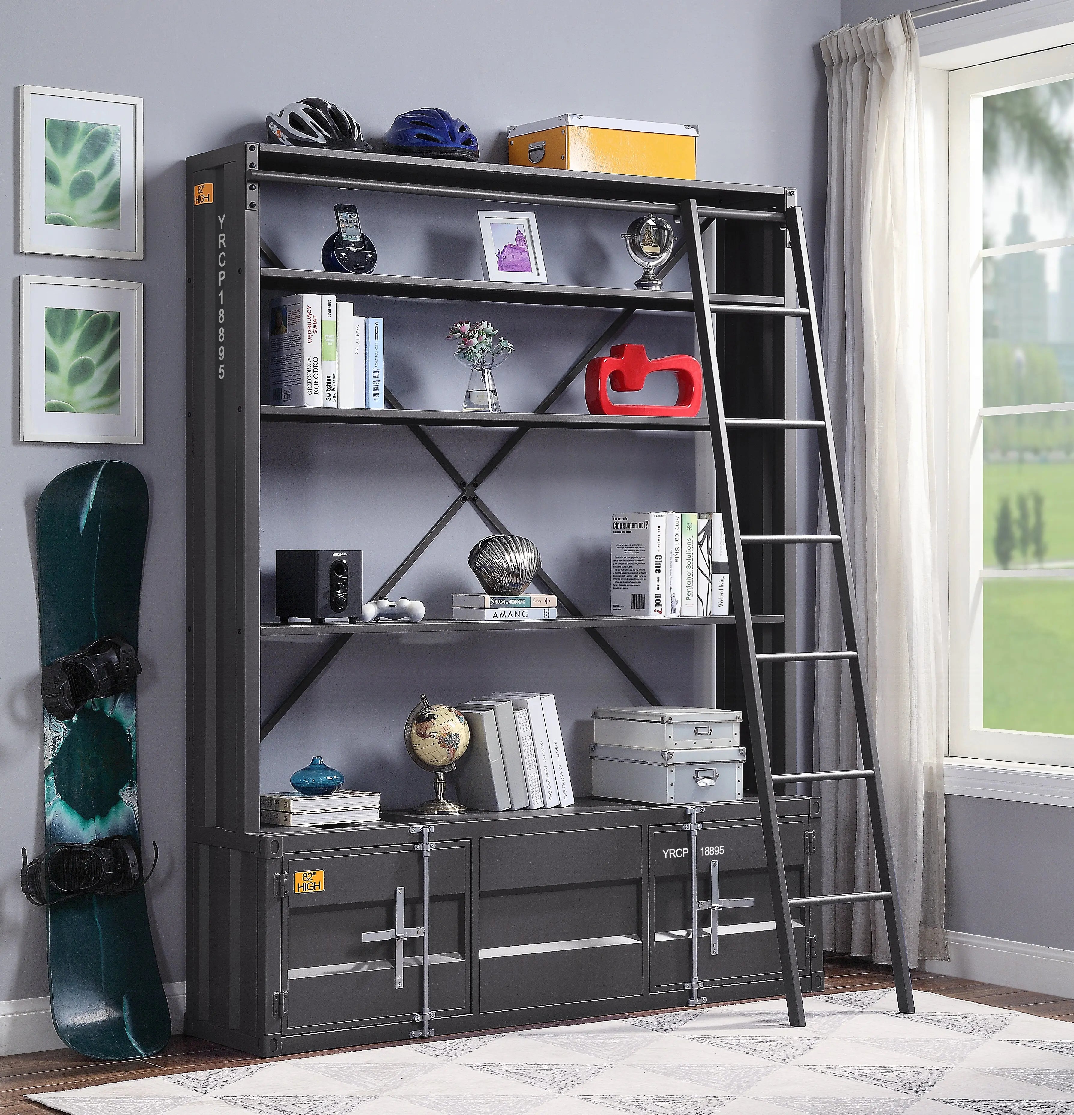 Industrial Cargo Bookshelf with Removable Ladder & TV Stand Base – Gunmetal Container Style Storage Acme Furniture