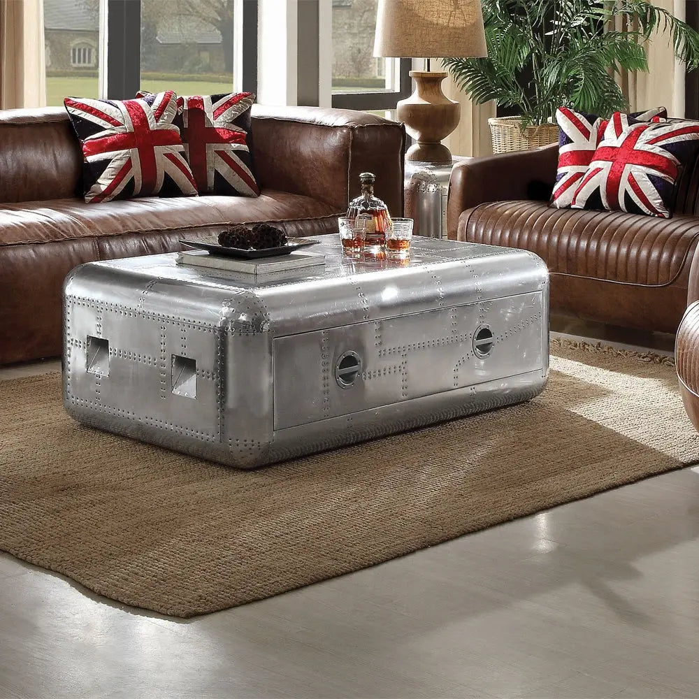 Brancaster Aluminum Aviator Coffee Table - Modern Vintage Trunk Style with Storage Drawer Acme Furniture