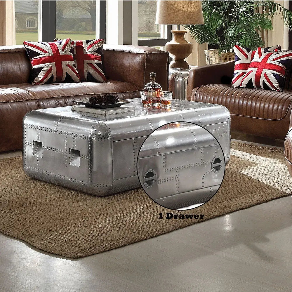 Brancaster Aluminum Aviator Coffee Table - Modern Vintage Trunk Style with Storage Drawer Acme Furniture