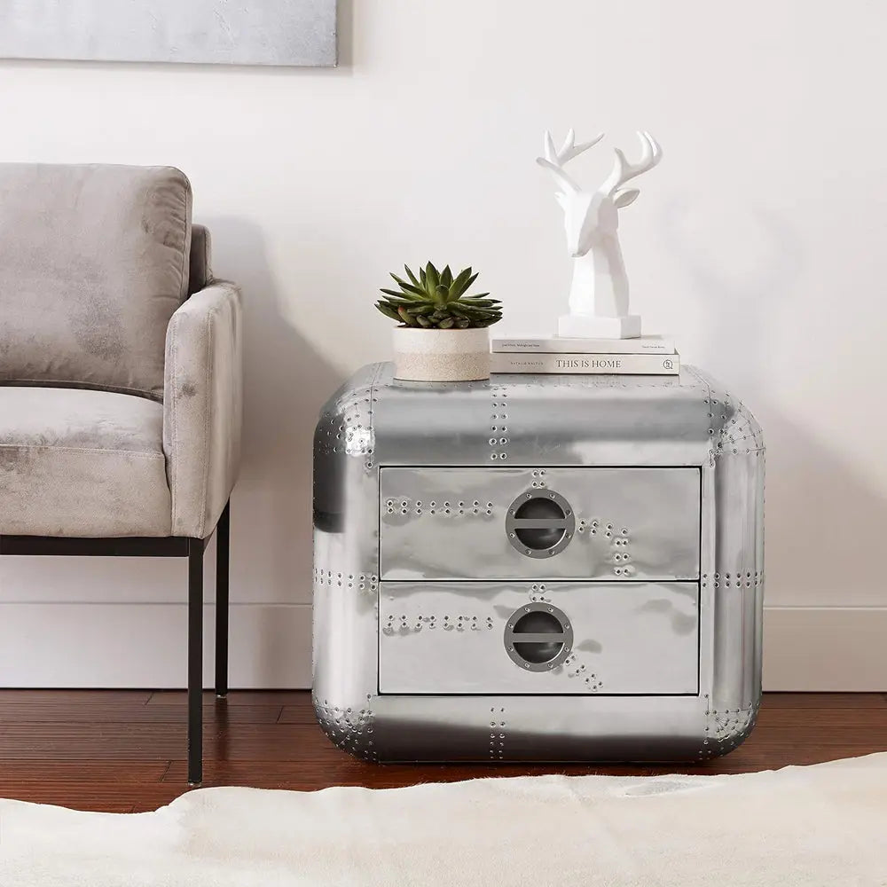 Brancaster Aluminum Aviator End Table - Mid-Century Modern Square Trunk Table with Storage Drawers Acme Furniture