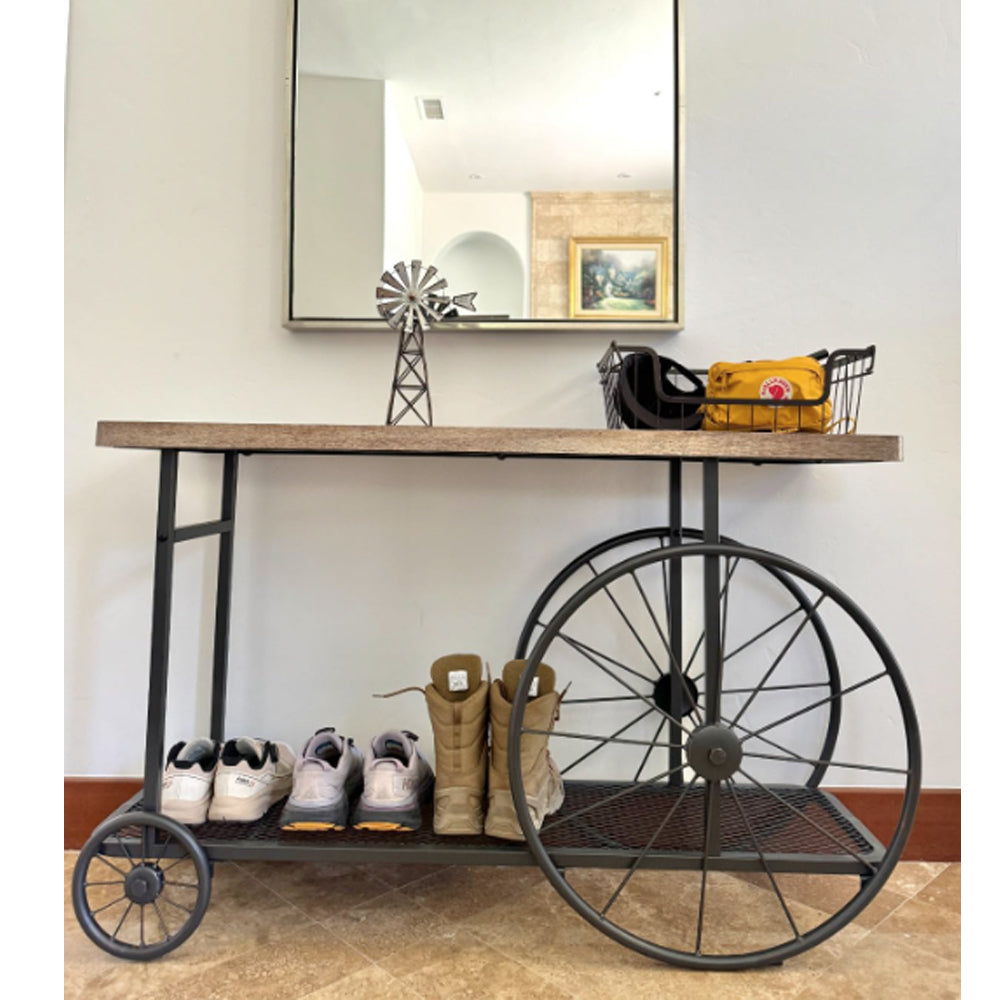 Rectangular Wooden Console Table with Shelf in Oak and Antique Gray