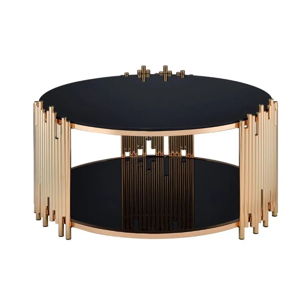 Tanquin Modern Round Glass Top Coffee Table in Black and Gold - Drum Base with Storage Acme Furniture