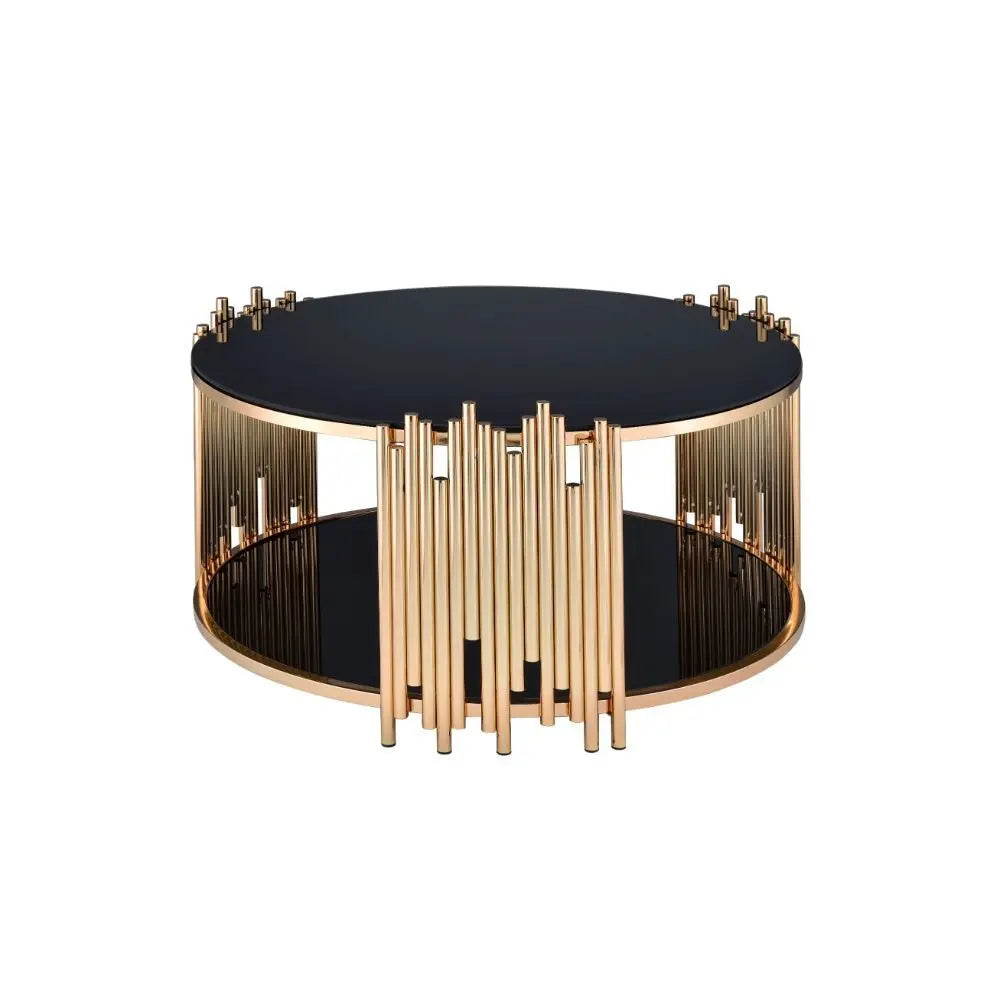 Tanquin Modern Round Glass Top Coffee Table in Black and Gold - Drum Base with Storage Acme Furniture