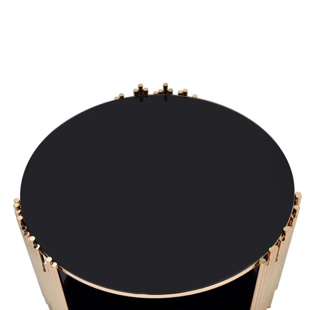 Tanquin Modern Round Glass Top Coffee Table in Black and Gold - Drum Base with Storage Acme Furniture