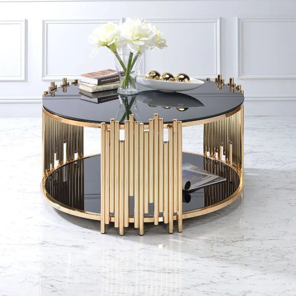 Tanquin Modern Round Glass Top Coffee Table in Black and Gold - Drum Base with Storage Acme Furniture