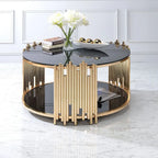 Tanquin Modern Round Glass Top Coffee Table in Black and Gold - Drum Base with Storage Acme Furniture